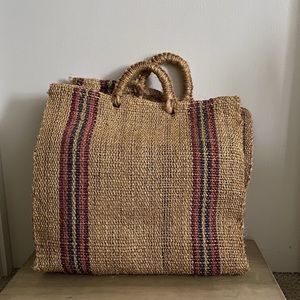 SOLD Vintage burlap tote, market, beach bag with handles